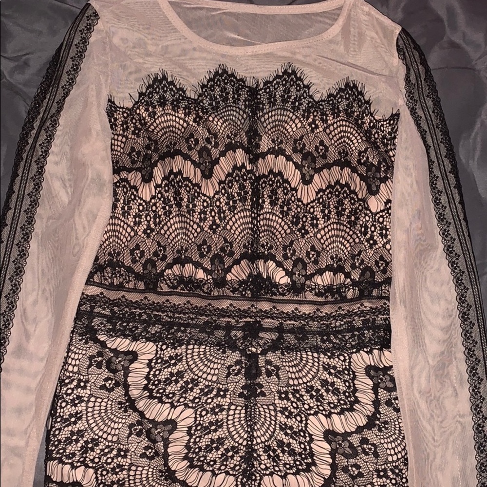 Tan & Black Sheer Lace Dress